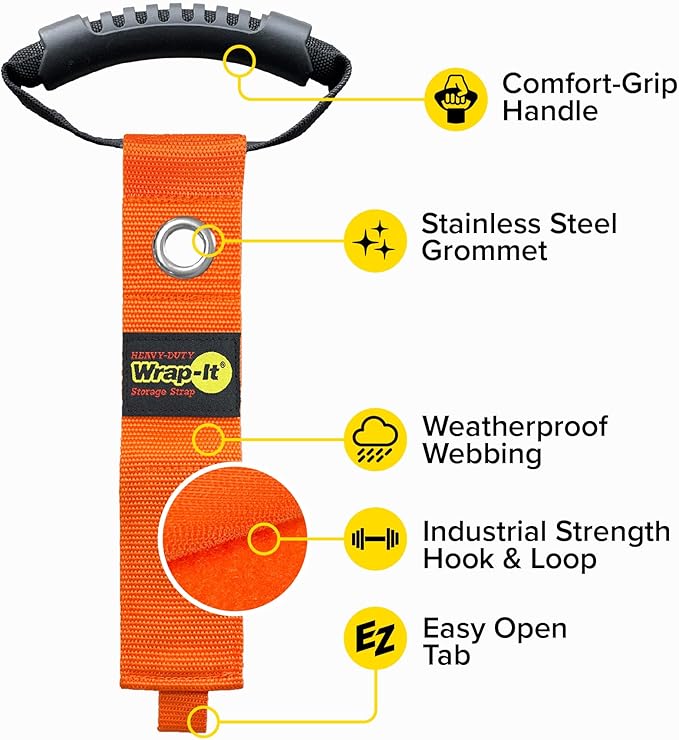 Easy-Carry Wrap-It Storage Straps - 17??(2-Pack) Blaze Orange with Grommet - Extension Cord Hanger Carrying Straps for RV Accessories