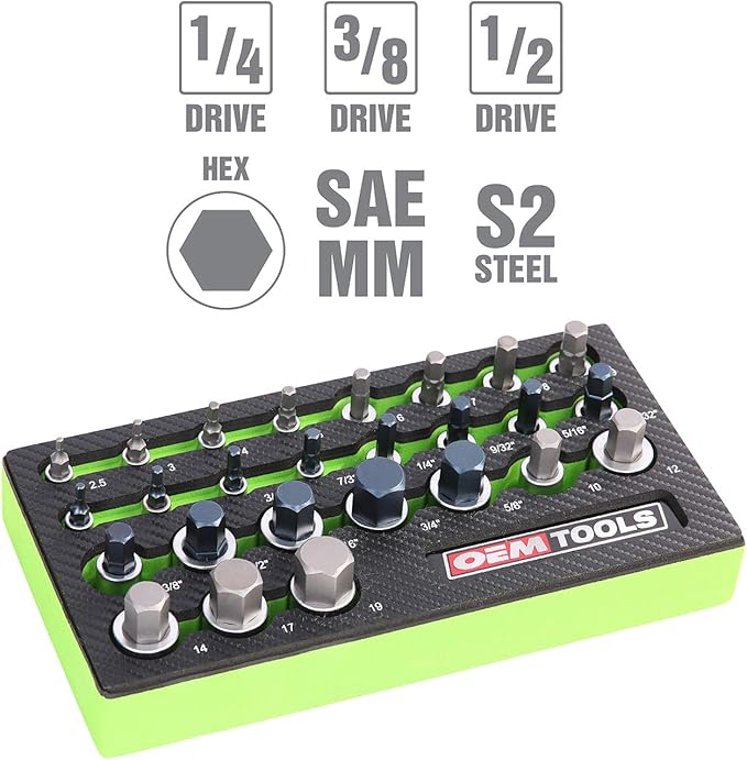 OEMTOOLS 23990 Allen Socket Set 26 Piece, Allen Wrench Socket Set SAE and Metric Sizes, Hex Socket Set Heat-Treated Alloy Steel, Hex Bit Set Rust-Resistant, Organized Allen Bit Set EVA Tray