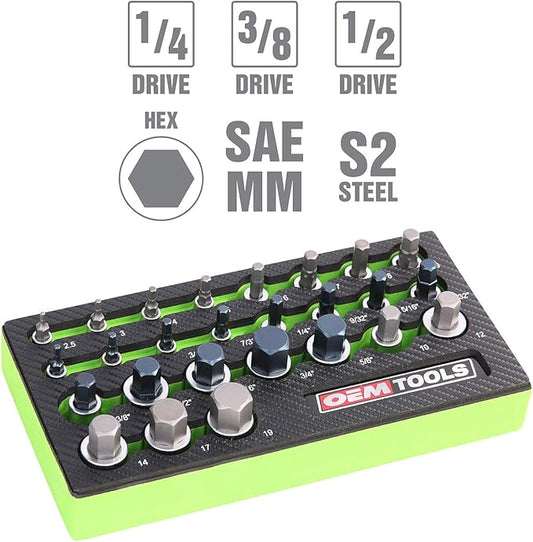 OEMTOOLS 23990 Allen Socket Set 26 Piece, Allen Wrench Socket Set SAE and Metric Sizes, Hex Socket Set Heat-Treated Alloy Steel, Hex Bit Set Rust-Resistant, Organized Allen Bit Set EVA Tray
