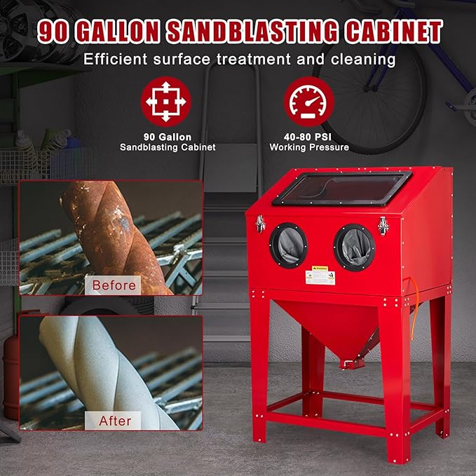 90 Gallon Sandblasting Cabinet,40-80PSI Sand Blasting Cabinet with Glass Viewing Windows/LED Light, Heavy Duty Sand Blaster with 4 Nozzles & Blasting Gun for Paint, Rust Removal Red