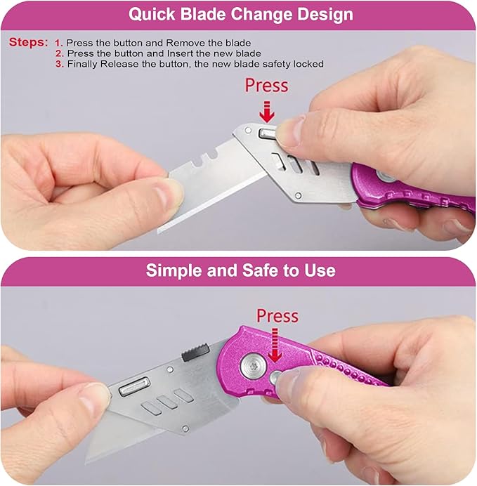 Box Cutter Heavy Duty Utility Knife, Razor Knife, Lightweight Aluminum Handle, Back-lock Mechanism, Stainless Belt Clip, for Carpet, Carton, Box, Cardboard, with 5-piece Extra Blades, Hot Pink