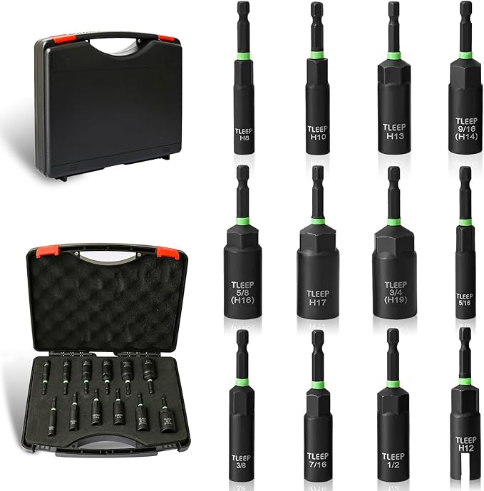 Deep Nut Driver Set for Impact Drill w/Wing Nut Driver Bit, Sae/Metric 80MM Deep Nut Driver Bits, 1/4" Quick Change, 8mm 10mm 13mm 9/16”(14mm) 5/8”(16mm) 17mm 3/4”(19mm) 5/16” 3/8” 7/16” 1/2”