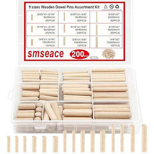 smseace Wooden Dowel Pins with Tapered End with Bevel Angle Groove Wood Pegs - 9 Sizes 6/25inch 5/16inch 3/8inch(6mm, 8mm, 10mm) Used for Crafts, Furniture, Door, DIY