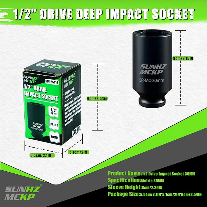 SUNHZMCKP 1/2" Drive Impact Socket, Metric 30 mm Deep 6 Point Socket, CR-MO, Axle Nut Impact Grade Socket for Easy Removal