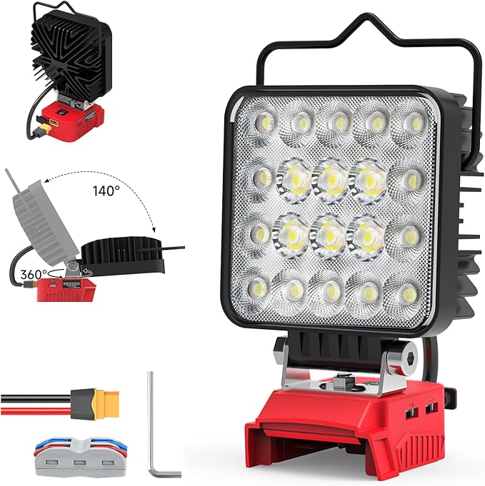 New Upgrade Azocek LED Work Light Compatible with Mil-wau-kee 18V Battery, 60W 6000LM Flashlight, 18V Battery Cordless Work Light with Low Voltage Protection & Dual USB & Type-C Charging Port (60W)