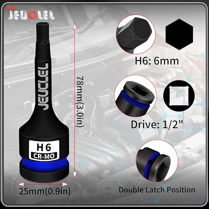 6mm Hex Impact Bit Socket, H6 1/2-Inch Impact Drive Allen Socket, Cr-Mo Steel Lengthen Hex Screwdriver Adapter for Electric Ratchet Wrenches Fastening Screws