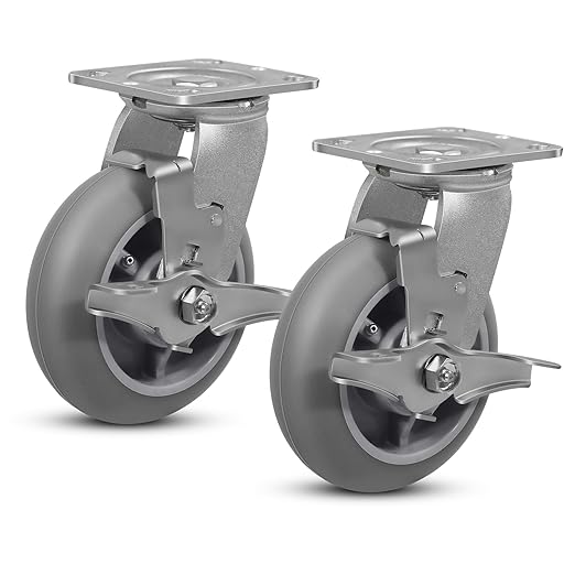 6"x 2" Heavy Duty Caster, Thermoplastic Rubber Casters(Crown Tread)- 500 Lbs Per Casters, Plate Caster for Furniture Platform Trucks Workbench(2 Pack Brake)