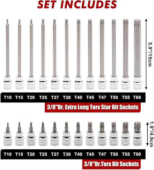 CASOMAN 3/8"Drive Extra Long and Standard Torx Bit Socket Set, 24 Piece Torx Star Bit Set, T10 to T60, Length: 150mm, CR-V & S2 Steel