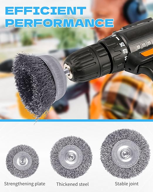 Rocaris 7-Pack Carbon Steel Wire Wheel Brush Set - Cup, Wheel, Pen Brushes with 1/4-Inch Round Shank for Rust Removal, Corrosion and Scrubbing Surfaces