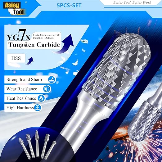 Carbide Burrs Set 5pcs with 1/4''Shank Double Cut Solid Power Tools Tungsten Carbide Rotary Files Bits for Die Grinder Metal Wood Carving Engraving Polishing Drilling Grinding Milling Cutting