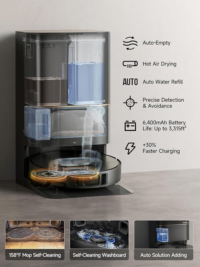 DREAME X40 Ultra Robotic Vacuum with Removable & Liftable Mop, 12,000Pa Suction, Side Brush Extensive Cleaning, 158째F Mop & Washboard Self Cleaning, Auto-Empty, Auto Refill, liftable Brushes