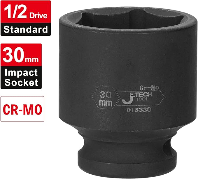 JETECH 1/2 Inch Drive x 30 mm Deep Impact Socket, 6 Point Radius Corner Design,Square Chamfered Opening,Axle Nut Impact Grade Socket for Easy Removal