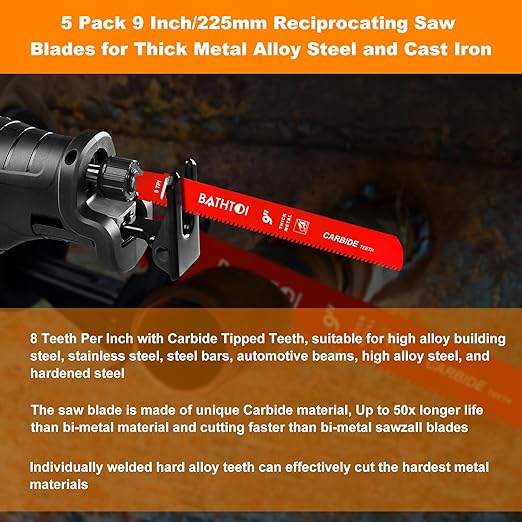 5 Pack 9 Inch 8 Tpi Carbide Reciprocating Saw Blades for Thick Metal Cutting, Cast Iron and Alloy Steel Cutting Sawzall Blades with Carbide Tipped Teeth for Longer Life and Faster Cutting Speed