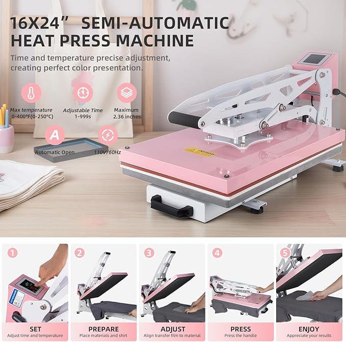 16x24 Heat Press Machine, Semi-Auto Commercial Heat Press, for T Shirts, Garments, Bags, Textiles, Curtains, Mousepads, Perfect for POD & Home DIY & Small Business Customization, Pink