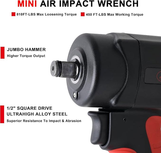 AEROPRO TOOLS 1/2-Inch composite Mini Air Impact Wrench(AP9515),compact design with 810FT-LBS strong torque