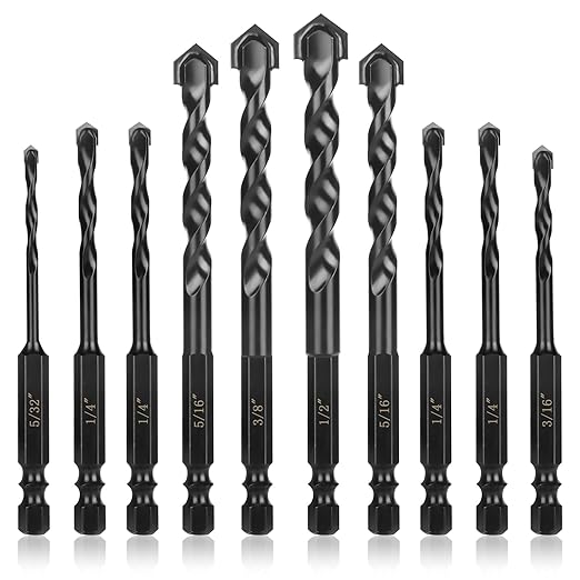 HPHOPE 10Pcs Masonry Drill Bits Set - Concrete Drill Bit Set for Tile, Brick, Glass, Plastic and Wood, Tungsten Carbide Tip Work with Ceramic Tile, Wall Mirror, Paver on Concrete or Brick Wall