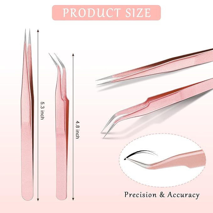 Mudder 6 Pcs Lash Tweezers High Precision Eyelash Tweezers for Lash Extension, Straight and Curved Tip, Stainless Steel for Volume Eyelash Cluster Tools Girls Women Beginners(Rose Gold)
