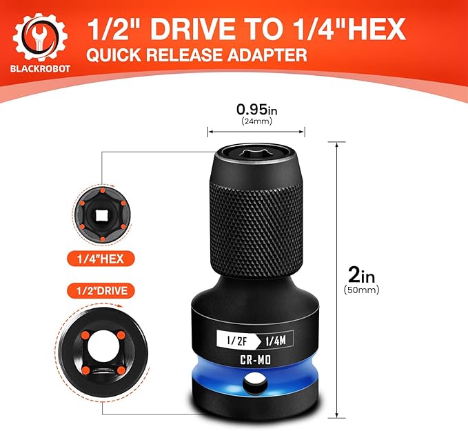 BLACKROBOT Quick Release Impact Bit Holders 1/2-Inch Square Drive to 1/4-Inch Hex Socket Adapter, CR-MO Steel, Blue