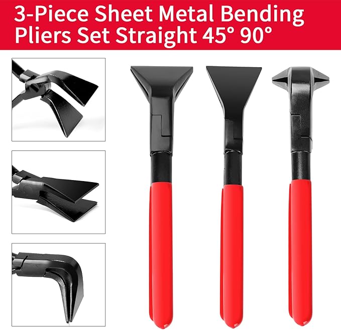 BETOOLL 3-Piece Hand Seamers Sheet Metal Tools Set - Straight Jaw, 45°, and 90° Metal Bending Pliers with Tool Box Storage Case for Bending and Flattening Sheet Metal