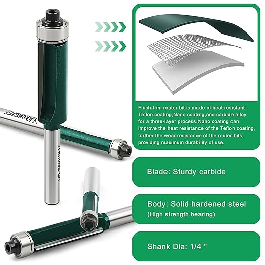 Knoweasy Professional Flush Trim Router Bit Set with 1/4 Inch Shank, 4PCS Top Bearing Router Bits for Woodworking, Includes 1/4, 5/16, 3/8 and 1/2 Inch Bearing Sizes