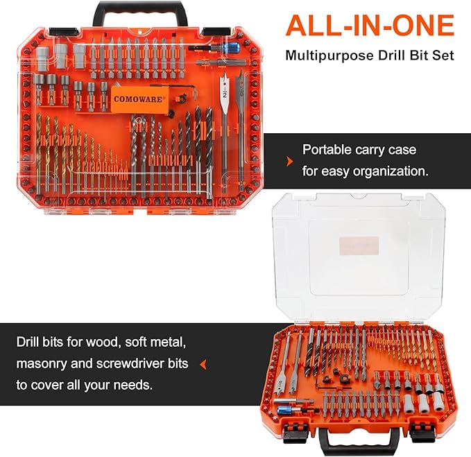 COMOWARE 400Pcs Drill Bits Set竊?95Pcs Impact Drill Bits with 205Pcs Wood Screws Anchors, Titanium Twist Dill Bits Brad Point Impact Screwdriver Bits Set with Tough Case for Concrete Masonry Wood