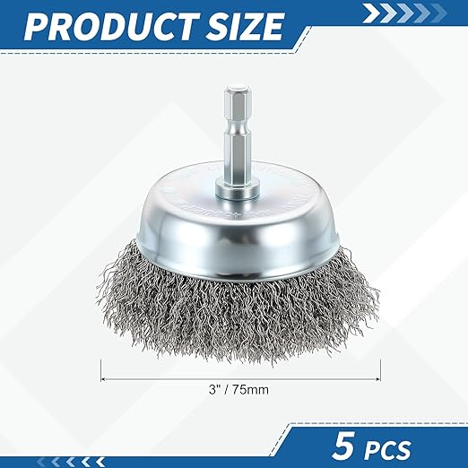 Wire Brush for Drill (3"/75mm) 5Pack, Crimping Steel Wire 0.012" (Carbon Steel) Wire Brush Drill Attachment with 1/4" Hex Shank - for Rust, Cleaning, Deburring on Cast Iron