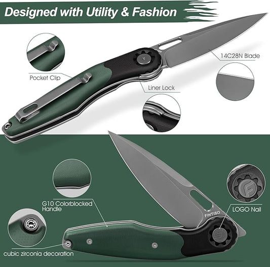 FINTISO Pocket Knife 3.5" Folding Knife Premium 14C28N Blade, Bicolour G10 Handle Design with Pocket Clip for Men Women, Small EDC Knife for Camping, Hunting, Hiking, Survival and Outdoor Activities, ROOK Series