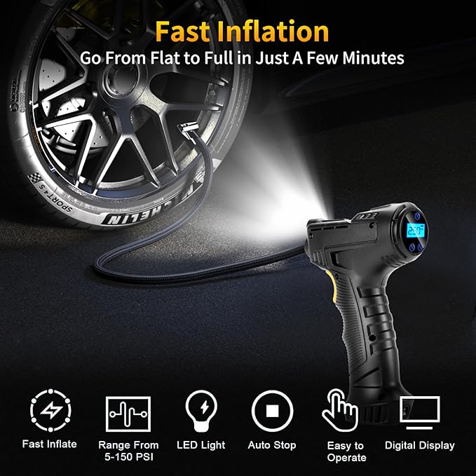 150PSI Portable Air Compressor for Car Tires ??Digital Tire Inflator with LED Flashlight, 12V Auto Pump for Cars, Motorcycles, Bikes, and Sports Balls
