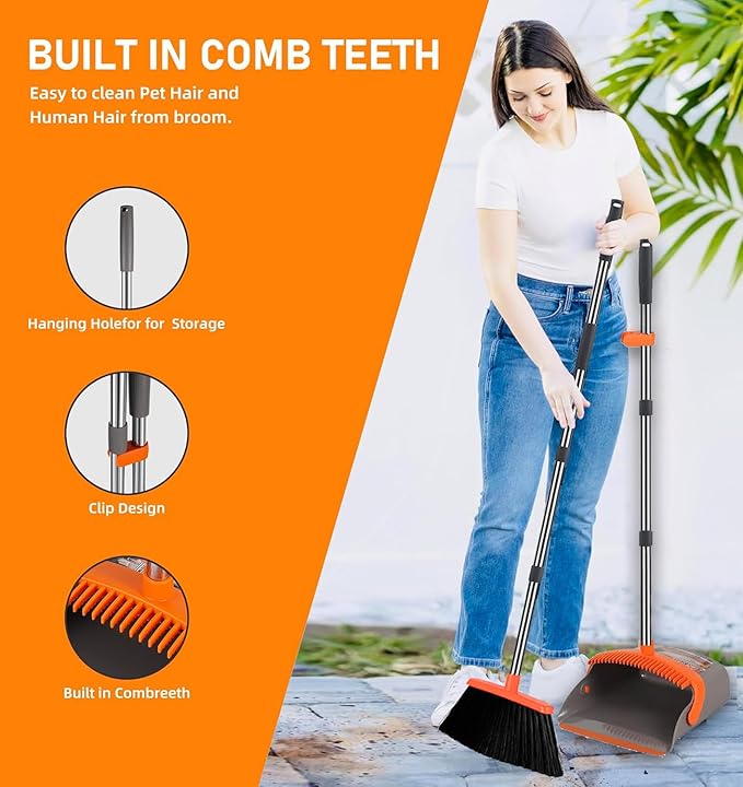 2-Pack is More economical竊똗pgraded Upright Broom and Dustpan Combo with 52" Long Handle, Dustpan Teeth with self-Cleaning Function, Indoor and Outdoor Sweeping, Perfect for Home Office.