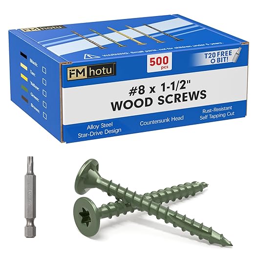 #8 x 1-1/2” Deck Screws, 500Pcs Star Drive Wood Screws, Rust Resistant Timber Screws for Timber/Log/Landscaping Wood, T20 Star Bit Included, Green