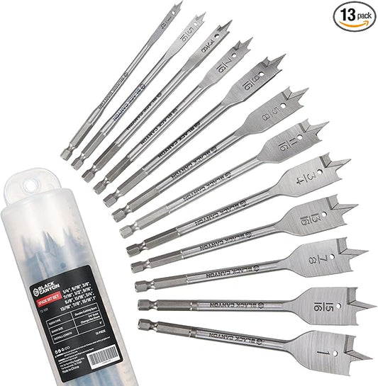 BLACK CANYON 13PCS Spade Bit Set for Wood, Heavy Duty Paddle Drill Bit Set with 1/4" to 1" Wood Drill Bits, High Carbon Steel Spade Bits for Woodworking, Construction, and Carpentry Projects