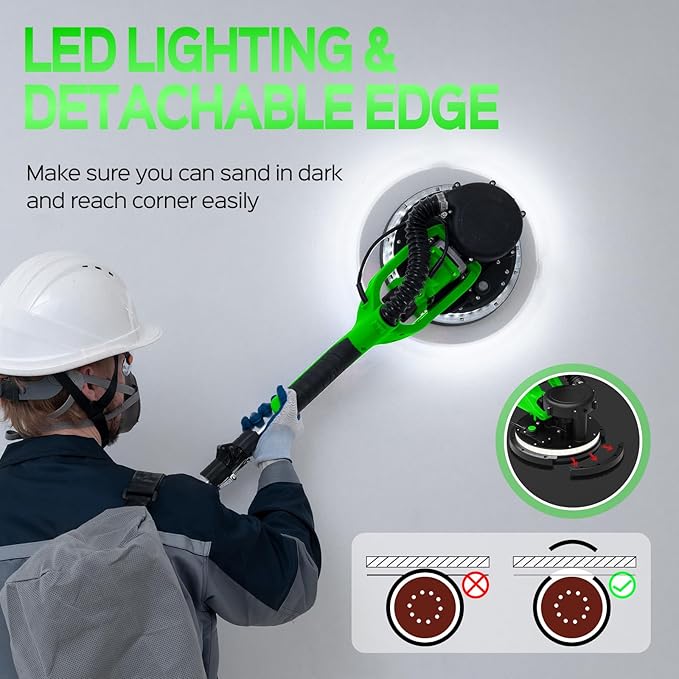 Drywall Sander, 2025 Upgraded 8-Amp Popcorn Ceiling Removal Tool with 7 Variable Speed 800-1800RPM, Drywall Sander with Vacuum Dust Collector with Extendable Handle, LED Light, 12pcs Sanding Discs