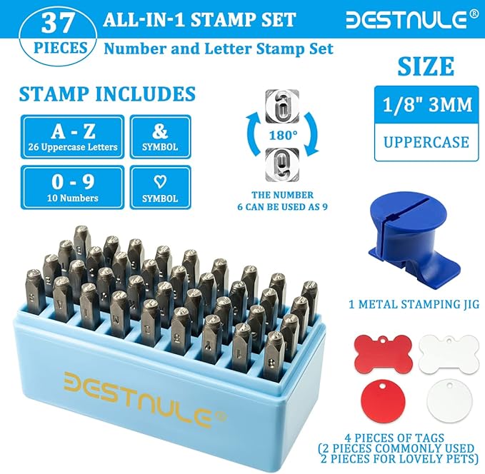 BESTNULE Metal Stamping Kit, Number and Letter Stamp Set (A-Z, 0-9 and &, Love Symbol), Industrial Grade Hardened Carbon Steel, Perfect for Imprinting Metal, Wood, Plastic, Leather (1/8", 3MM)