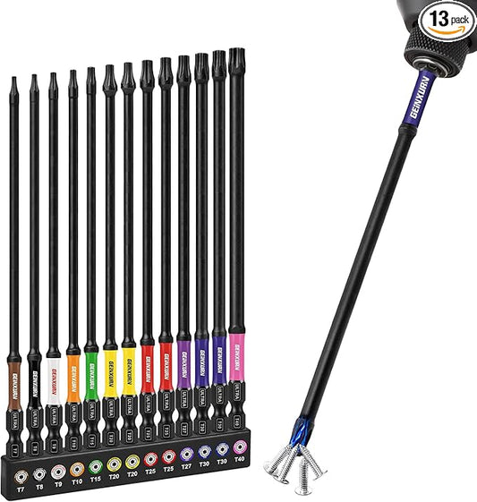 13Pcs Torx Screwdriver Bits Set, 6?쒭ouble Impact Magnetic S2 Steel Long Extension Star Driver Bits Set (T7-T40) with Color Coded Base