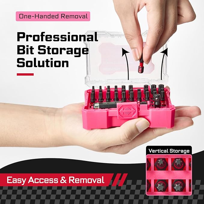 32Pieces Impact Screwdriver Bits Set, S2 Steel Torx Muliti Insert Bits Tips Set with Impact Bit Holder and 1/4?쒾ocket Adapter(Pink Storage Box Case)