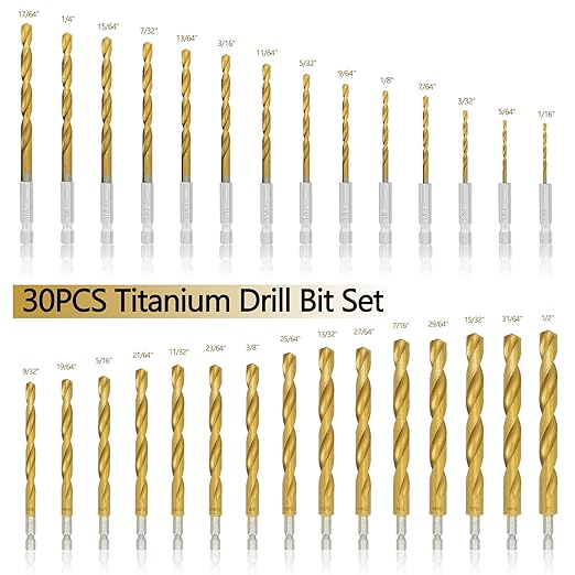 30 Pcs Titanium Impact Drill Bit Set, Hex Shank HSS Twist Drill Bits with Storage Case for Steel, Copper, Aluminum, Zinc Alloy, Wood and Plastics, Quick Change Design, 1/16"-1/2"