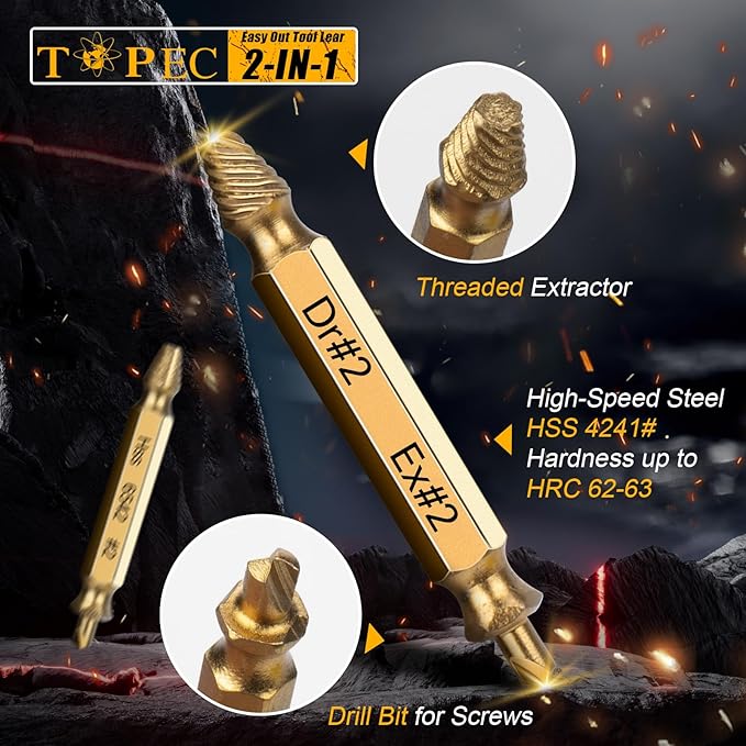 Topec Damaged Screw Extractor Set 8Pcs, HSS 4341 Easy Out Screw Extractor Set, Stripped Screw Extractor for Easy Removal of Stripped, Rusty, Broken Hardware, Christmas Gifts for Men, Husband (Gold)