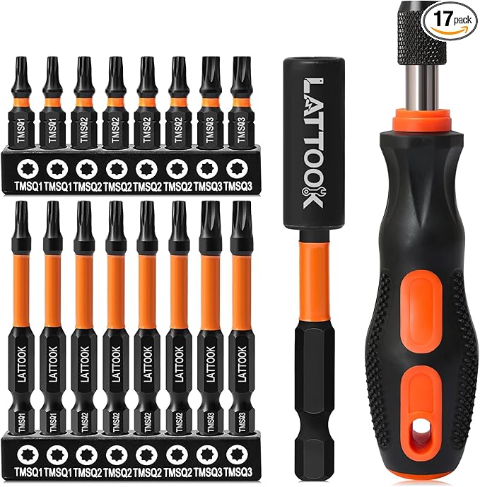 Double Square 8 Point Star Bit Set with Quick Change Bit Driver, LATTOOK 17PCS 8 Point Star Bits 2 Square Drive Bits, Magnetic S2 Steel, 2.3'' & 1'' Long, #1, #2, #3