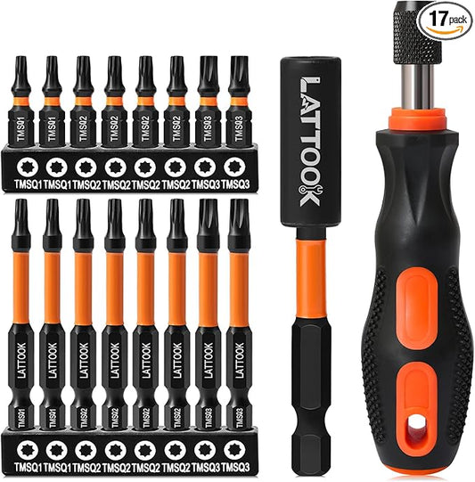 Double Square 8 Point Star Bit Set with Quick Change Bit Driver, LATTOOK 17PCS 8 Point Star Bits 2 Square Drive Bits, Magnetic S2 Steel, 2.3'' & 1'' Long, #1, #2, #3