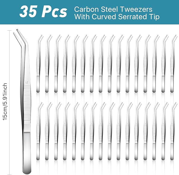 35 Pcs Carbon Steel Tweezers with Curved Serrated Tip, Multipurpose Craft Tweezers Non-Slip Forceps for Sewing Repairing