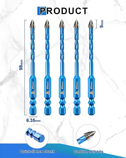 Serrated Carbide Masonry Drill Bit Set 3/8"*10 - Wood Drill Bits for Wood/Plastic/Masonry/Ceramic Tile Hex Shank Drills