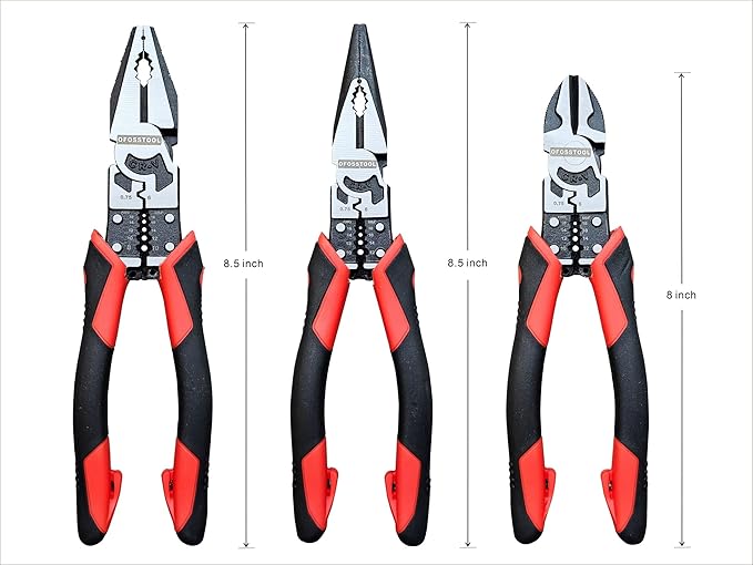 3PCS Combination Pliers Set, 9 In 1 Multifunction Electrician Tool, 8.5" Long Nose, 8.5" Linemens, 8" Diagonal Cutting Wire Stripper/Heavy Duty Side-Cut (Red/Black)