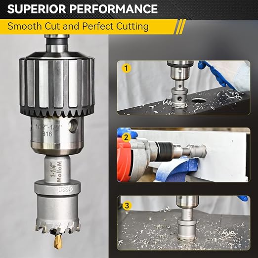 Mollom 10Pcs (16-53mm) TCT Carbide Hole Saw Kit for Hard Metal, 10Pcs Hole Cutters with 5Pcs Extra Pilot Drill bits and 3Pcs Hex Keys for Stainless Steel, Iron,Aluminum,Alloy,Metal.