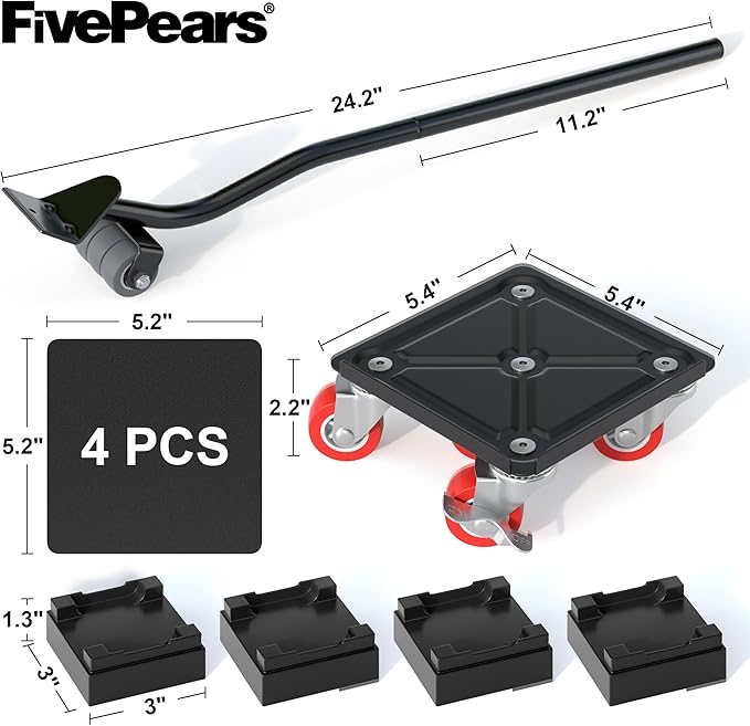 Fivepears Furniture Lift Mover Tool Set-3000 lb,5-Wheel Heavy-Duty Furniture Dolly with Handle,360째Swivel Casters Trolley-Ideal for Moving Heavy Machinery, Equipment, Pianos, Couches and Carpeted