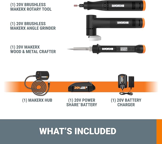 Worx MAKERX WX991L 3pc Crafting Tool Combo Kit - Rotary Tool + Angle Grinder + Wood & Metal Crafter