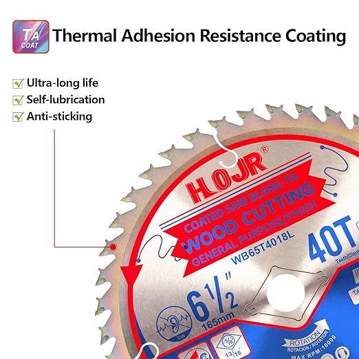 2-Pack 6-1/2" 40-Tooth 5/8" Arbor Woodworking Circular Saw Blade, Finish/General Purpose, Special Anti-Thermal Adhesion Coating on Cutting Edge- TA,High Finish, Long Life,6-1/2" 40T 5/8"