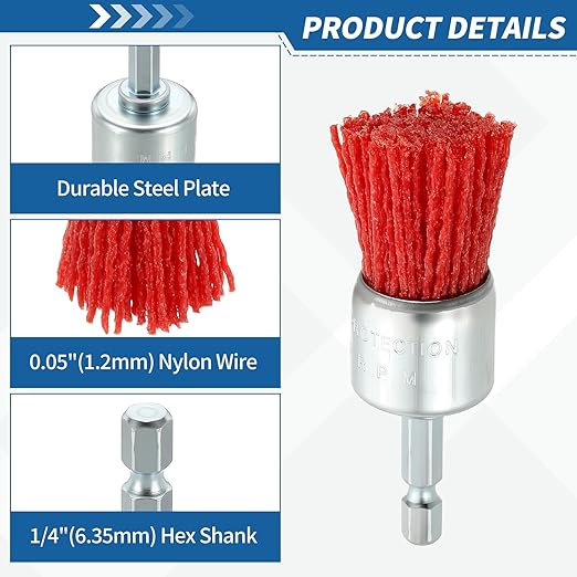 Wire Brush for Drill (1"/25mm) 1Pack, Crimping Steel Wire 0.05" (Nylon) Red Wire Brush Drill Attachment with 1/4" Hex Shank - for Rust,Cleaning, Deburring on Cast Iron