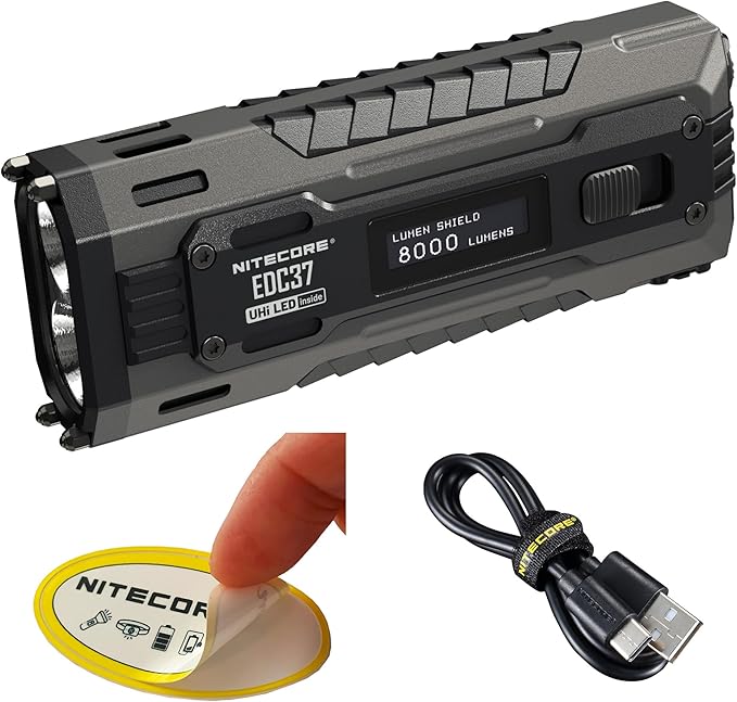 Nitecore EDC37 EDC Flashlight, 8000 Lumen Flat Shape USB-C Rechargeable Fast Charging with Digital OLED Display and Mechanical Lock Sticker
