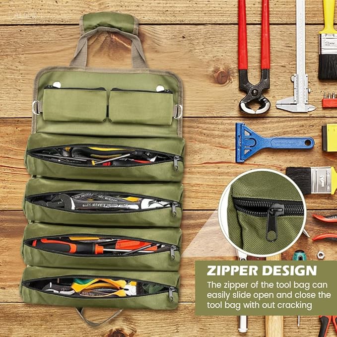 Roll Up Tool Bag, Heavy Duty Tool Organizer with 5 Compartments & 2 Detachable Pouches, Portable Foldable Waterproof Tools Bag for Dad Men Electrician Mechanic Gifts (COLOR:Green)