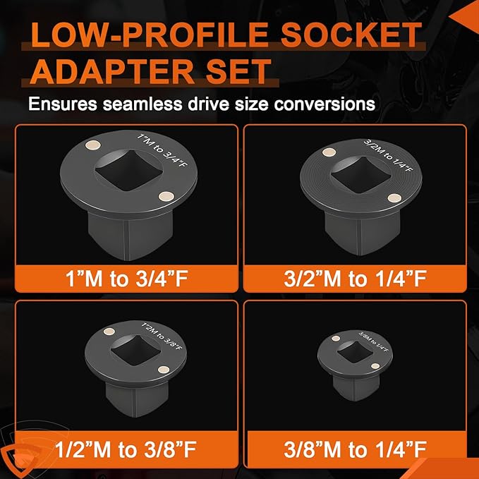 GEARLAST 4Pcs Low Profile Impact Socket Adapter Set, Low Profile Socket Adapter Drive Ratchet Adapter Set for Tight Spaces, 2025, 3/4" to 1", 1/2" to 3/4", 1/2" to 3/8", 1/4" to 3/8"